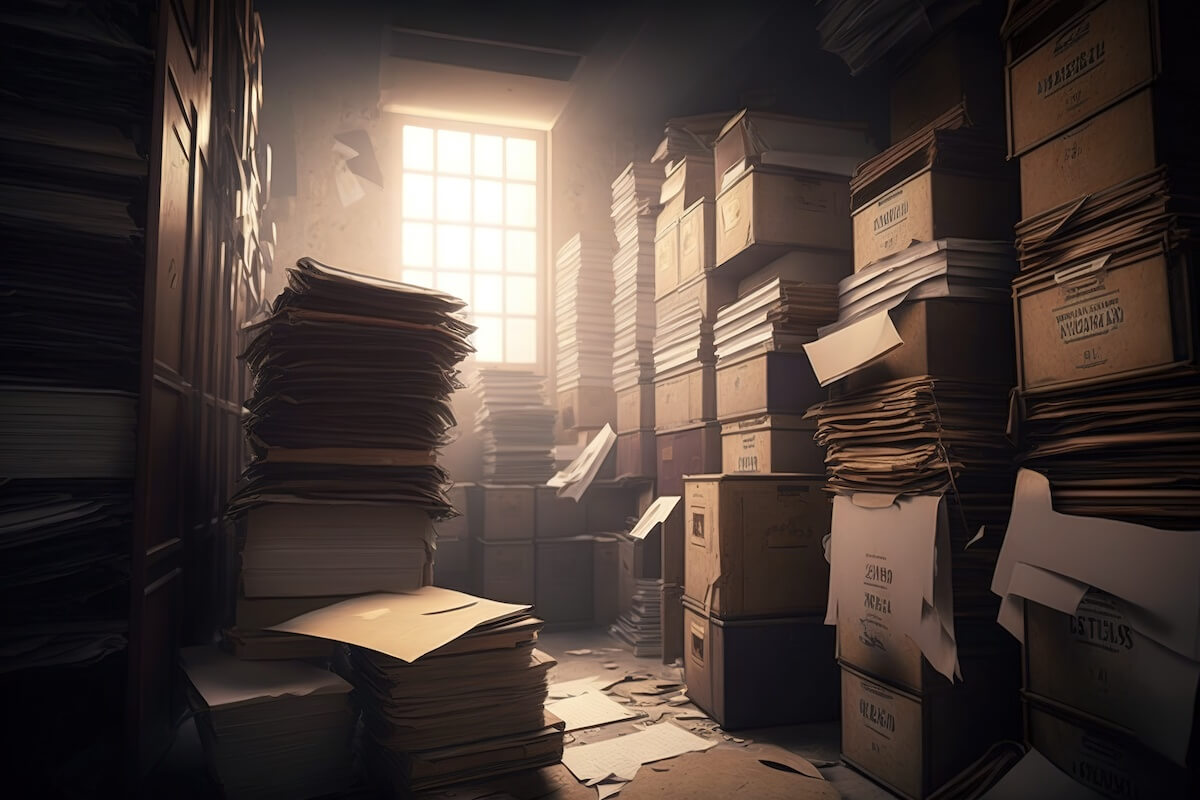 Pile of files and boxes in a room