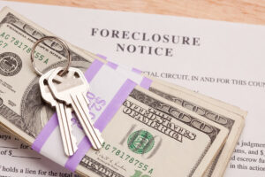 Timeshare foreclosure process: Foreclosure Notice document, wads of cash, and 2 keys